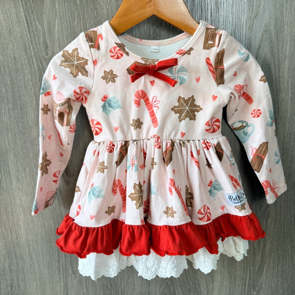 Bella & Omi Christmas Dress Toddler 12/18M Pink Holiday Gingerbread Candy Cane